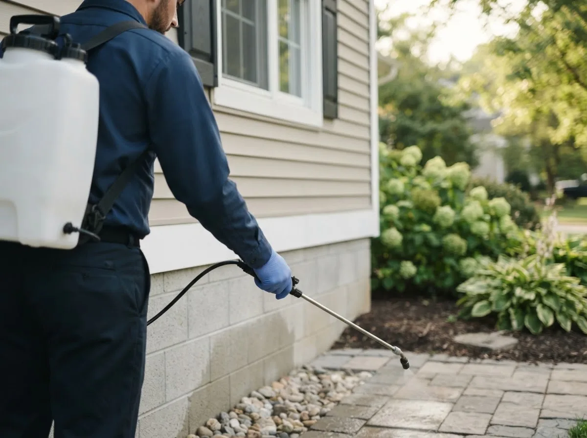 Pest control technician inspecting a home in Varney, WV